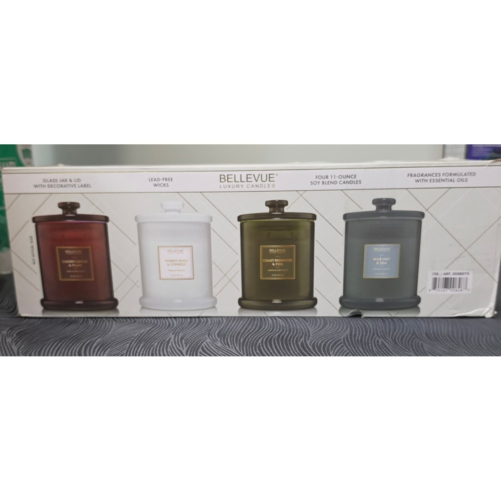 Bellevue Luxury Candles 4 Pack 11oz Soy Blend Essential Oils Glass Jar Set